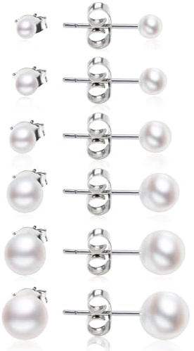 6 Paar Perlenohrringe Silber Set 3/4/5/6/7/8mm Weiße Perlenohrstecker für Damen Mädchen, Hypoallergen Edelstahl Perlenohrringe Stecker Schmuck Set Wasserfeste Kleine Silber Perlen Ohrstecker