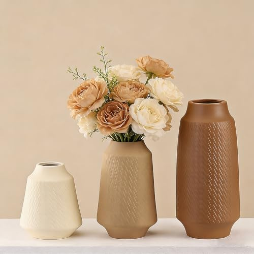 Juego de 3 Jarrones de Cerámica,Jarrones Deco Estética Neutra Boho Floreros Deco Escandinavos,decoración Moderna de la casa de Campo,para la Sala de Estar,el Estante (Marrón Caqui Beige)