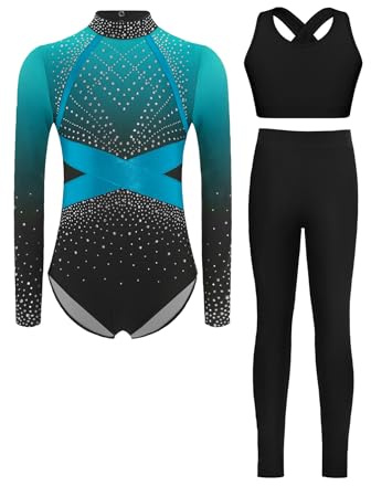 Sinleey Turnanzug Mädchen 3-teilige Set Gymnastik Leotard Körperanzug Turnschuhe Leggings Hose Sportsbh Tanzanzug Eiskunstlaufanzug