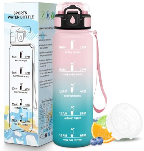 Mulbijeo Trinkflasche 1L, Auslaufsicher mit Wiederverwendung, Trinkflasche Kohlensäure Geeignet, Wasserflasche mit Filter, Breite Öffnung, Sportflasche für Fahrrad, Camping, Yoga, Fitness