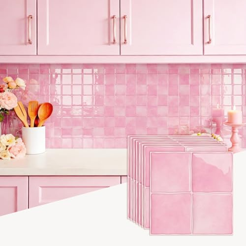 indabyo 20 Sheets Mosaic Marble Effect Tile Stickers Peel and Stick on Tile | Kitchen Bathroom Wall Self Adhesive Vinyl Waterproof Backsplash Sticky Tile Covers Decals (Pink, 6x6 inches)