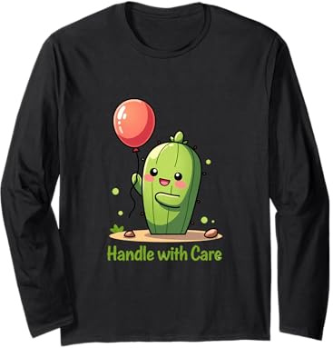 Carino Sorridente Cactus Holding Rosso Palloncino Illustrazione Maglia a Manica