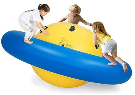 8FT Inflatable Dome Rocker Bouncer, Outdoor Kids Giant Roll and Play Seesaw Rocker with 6 Secure Handles, Climbing Toy Play Center Equipment Blue + Yellow