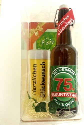 SünGross Geschenk Set, Bierset Bier Geschenk zum 75. Geburtstag das bei Frau und Mann Immer gut ankommt, Bierflasche mit Etikett, Glas Bierkrug und Geschenk Postkarte