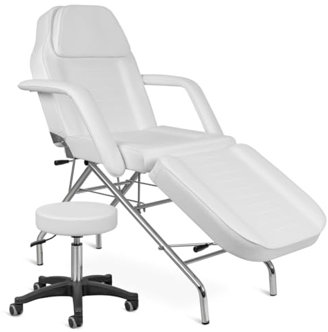 Minerva Extra Wide Stationary Tattoo Skin Care Eyebrows Waxing Facial Bed w/Tech Stool (White)