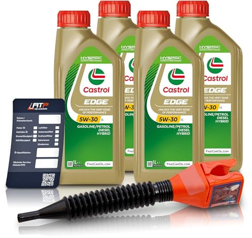 4x 1 L Liter Castrol Edge Fluid Titanium 5W-30 LL Motoröl inkl. Castrol Ölwechselanhänger und Einfülltrichter