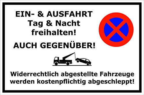 Melis-Folienwerkstatt Parken verboten Schild – EIN-und Ausfahrt Tag und Nacht freihalten - auch gegenüber – 30x20 cm – 3mm Aluverbund – Verschiedene Größen und Materialien – Mit Bohrlöchern
