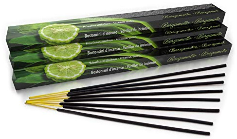 Premium Räucherstäbchen Bergamotte: natürlich traditionell aus Indien in fairer Herstellung. Großpackung mit 10 Boxen = 80 Stück je 45min. Frisch fruchtiger Duft