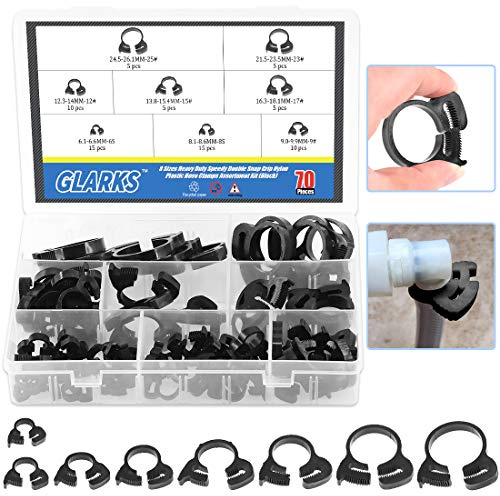Glarks 70 x Nylon-Schlauchschellen, 8 Größen, robust, schwarz, 6,6 - 27,2 mm, Kunststoff-Schnapp-Ratschen-Set, Schwarz