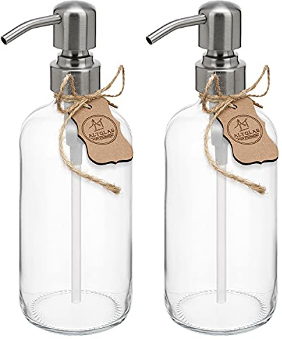 ALTGLAS Glas Seifenspender 'Sarajevo' mit 304 Edelstahl Pumpkopf (500ml) | Silber / Klar Glas • 2x 500ml • Edelstahl Pumpkopf • Nachfüllbar • mit 8 Klebe-Etiketten • Plastikfreie Verpackung