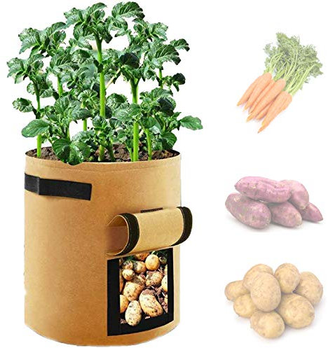 Vandove Sac Culture Pommes Terre, Potato Grow Bags Sacs de Plantation de Jardin avec Fenêtre à Rabat et Poignées Durable, pour Légumes Fleurs Herbes Pomme de Terre Tomate Carotte (S, Marron)