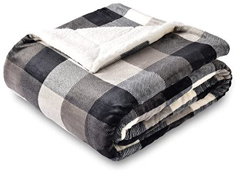 SOCHOW Sherpa Plaid Fleece Throw Blanket, Double-Sided Super Soft Luxurious Bedding Blanket 150cm×200cm, Black/White
