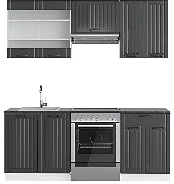 Vicco Küchenzeile Fame-Line, Anthrazit Landhaus/Weiß, 200 cm ohne Arbeitsplatte, geeignet zur individuellen Erweiterung mit passenden Modulen