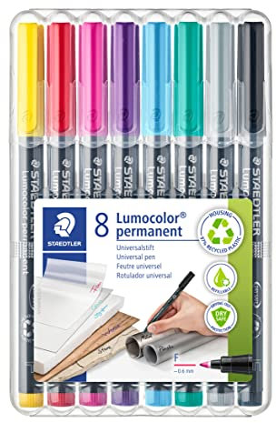STAEDTLER permanenter Universalstift Lumocolor, wisch- und wasserfest, sekundenschnell trocken, F-Spitze - Linienbreite 0,6 mm, 8 Marker in brillanten Farben, 318 WP8-2