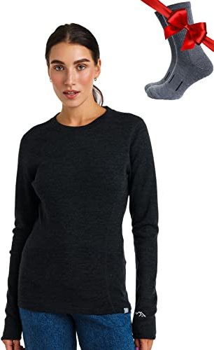 Merino.tech 100% Chemise Femme Laine Merinos + Chaussettes | Sous Couche Merinos Léger, Moyen, Épais, Respirant, Anti-Odeur Naturel, Idéal pour la Randonnée, Ski, Voyage, Non-Irritant