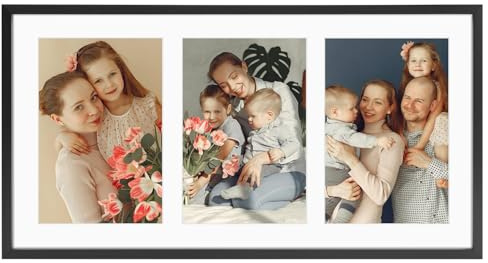 Golden State Art, 5x7 Aluminum Collage Frame, Displays 7x5 Pictures With 3 Openings Mat or One 8.5x16.3 Photo, Real Glass, Portrait/Landscape Wall Display, Black, 1 Pack