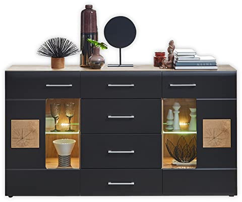 Stella Trading SONATE Sideboard in Eiche Altholz Optik, Schwarz - Moderne Kommode mit Schubladen und LED-Beleuchtung - 170 x 93 x 40 cm (B/H/T) | 170 x 93 x 40 cm (B/H/T), 2 Türen, 4 Schubladen, Glas-Holztüren, Metallgriffe, Lack Laminat supermatt
