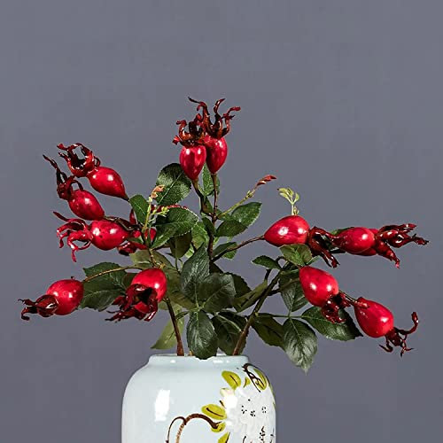 3 Stück 19-Zoll-künstliche Granatapfel-Zweig-Fälschungs-Grünpflanzen, künstliche Hagebutten-Beeren-Faux-Granatapfel-Blumenstrauß-Blumen-Stamm-Spray-Weihnachtspicks for Zuhause-Büro-Urlaubs-Party-Dekor