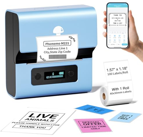 Phomemo M221 Etikettendrucker - Barcode Drucker Bluetooth Beschriftungsgerät Label Maker, für Unternehmen, Adresse, Büro, QR-Code, Logo, Schmuck,Einzelhandel, Kompatibel mit Phones und PC-System,Blau