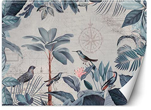 Feeby Fototapete Blumen Dschungel Vögel 150x105 cm Blau XXL Vlies Wandtapete Tapeten Wohnzimmer Schlafzimmer Jugendzimmer Moderne Design Wandbild Wand Dekoration Exoten Blätter