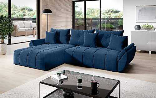 Vigo Velvet Monolith Ecksofa in L-Form 280 cm x 190 cm - Schlafsofa mit Bettkasten - Couch mit Stauraum und Kissen - Sofa mit Schlaffunktion - Ausziehbares Schlafsofa - Farbe: Blau (M-77)