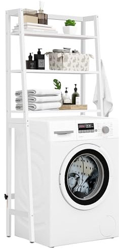 MallKing Mensola portaoggetti per bagno, 3 Livelli Sopra Scaffale per lavatrice, organizzatore di spazio per il bagno, autoportante sopra la toilette con porta carta igienica e ganci (bianco)