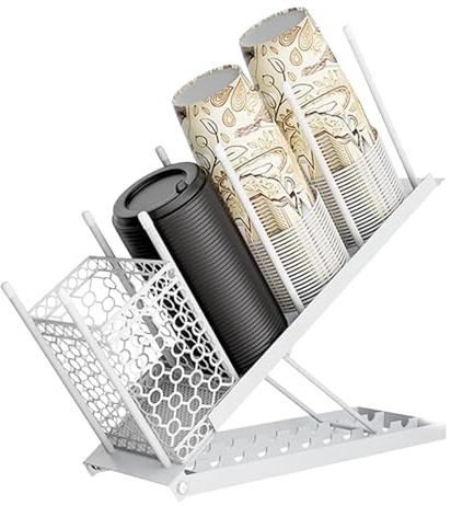 Organiseur de café avec 4 compartiments verticaux, station porte sucre porte-gobelets - Tea Station, pour verres jetables en papier et pailles, couvercles, crèmes, pour cuisine et bar (blanc)