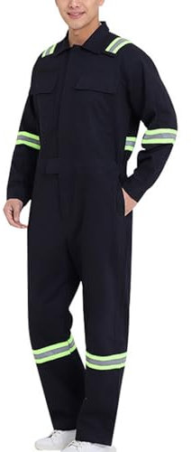 TOVCHEI Combinaison Zippée À Manches Longues Pour Hommes Femmes Salopette De Travail En Coton Combinaison De Travail Avec Bande Réfléchissante,Bleu,M