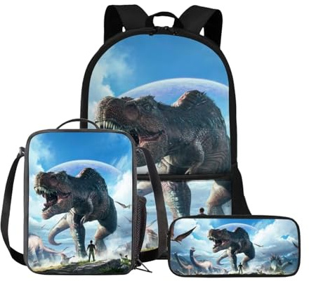 Binienty 3-teiliges Rucksack-Set mit Lunchtasche und Federmäppchen für Kinder, Kleinkinder, Mädchen, Jungen, niedlich, leicht, 3D-Dinosaurier, Einheitsgröße, Kinderrucksack