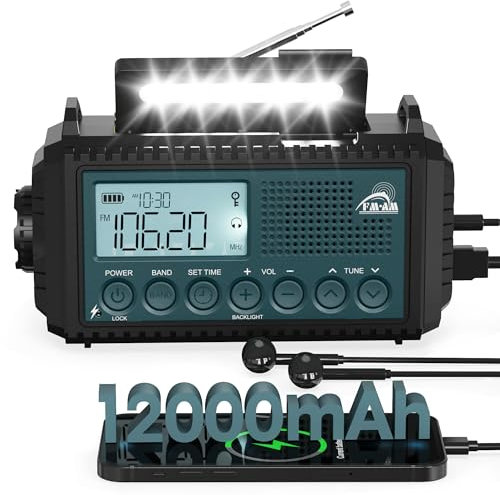 Roxicosly Radio de manivela, radio de emergencia con banco de energía de 12000 mAh, radio AM/FM/SW, manivela y radio solar de 5 vías con receptor mundial, como linterna y cargador, para Ourdoor,