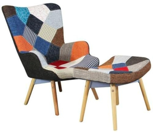 Buybuy Poltrona Serie Picasso in Legno con Seduta in Spugna Ricoperta con Stoffa in Stile Patchwork Scandinavo, Piedi in Legno di Faggio e Metallo + completa di Poggiapiedi imbottito PIC008