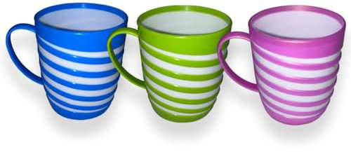KANSY Plastic Mug with Handle – Lightweight Unbreakable Reusable Cups for Drinking Hot, Cold, Coffee, Tea, Water, Beer – Office, Travel, Party, Camping, Caravan, Picnic (3, Striped)