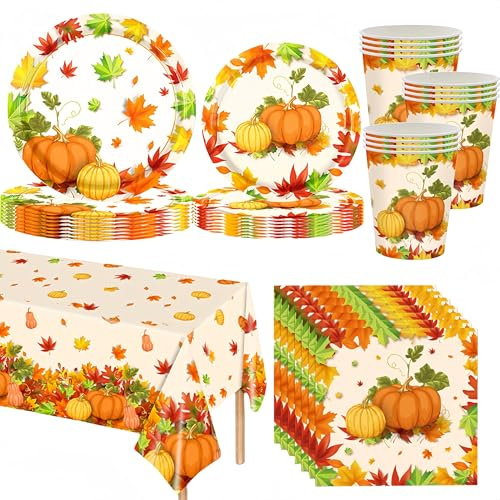 69Pcs Thanksgiving Tableware Harvest Fall Theme Party Supplies,Pumpkin Maple Leaf Dinnerware Set with Paper Plates,Cups,Napkins,Table Cloth,for Thanksgiving Fall Party Table Decorations