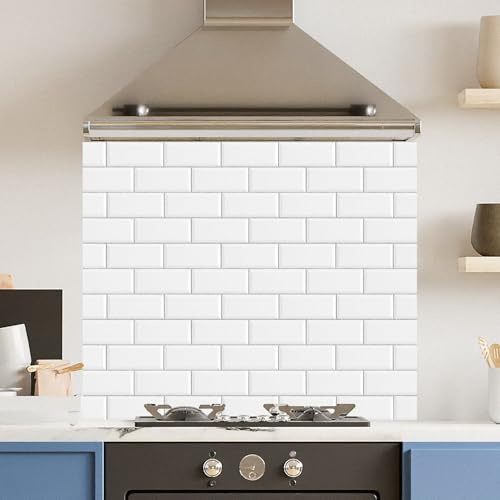 Toughened 6mm Glass Kitchen Splashback 90 x 75cm White Metro Tile - Polished Heat Resistant Back Splash for Cookers Hob