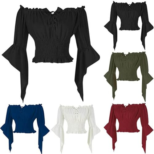 dirndl bluse damen hochgeschlossen, Rüschenbluse Damen 70Er Langarm - Renaissance Top Mittelalter Bluse Trompetenärmel Off Shoulder Gothic Viktorianische Shirt Gürtel Pirate Halloween Karneval Kostüm