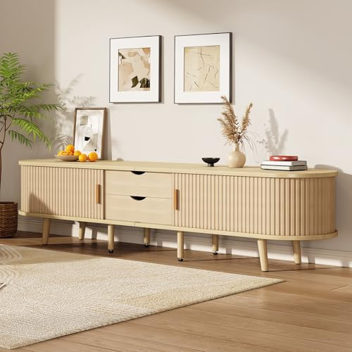 SUKY Wohnzimmer-TV-Schrank 175 x 40 x 42cm mit Stauraum + runder Tischplatte MDF Holzmaserung 2 Schubladen, Tragkraft 30KG Größe