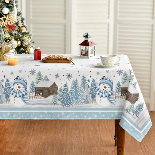Artoid Mode Blau Schneemann Bäume Holzhaus Weihnachten Tischdecke 140x220 cm, Winter Fleckschutz Tischwäsche Küche Dekoration Party Dekor