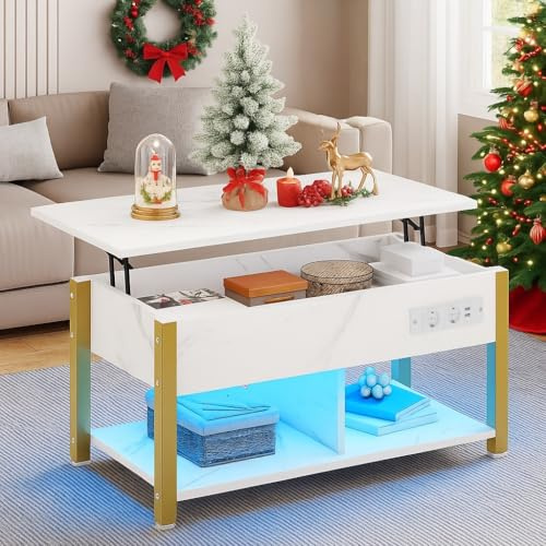 YITAHOME Table Basse avec Plateau Relevable, Table Basse à LED Contrôle par APP pour Salon, Bureau avec Etagère de Rangement Compartiment Caché, Marron Rustique