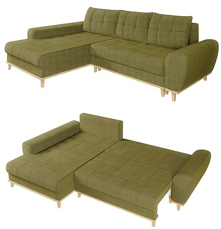Modernes Ecksofa im Scandi-Stil B268/T175/H86 cm mit Schlaffunktion, Bettkasten, Ottomane links, Füße und umlaufender Blende aus Massivholz, mit weichem Bouclé Chenille Stoff in Grün / 21016