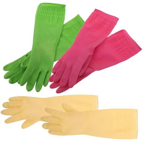 Healvian 3 Pairs Natural Latex Dishwashing Gloves Non Slip Household Cleaning Mitts with Textured Grip Reusable Kitchen Gloves for Washing Dishes Laundry Bathroom and Pet Care