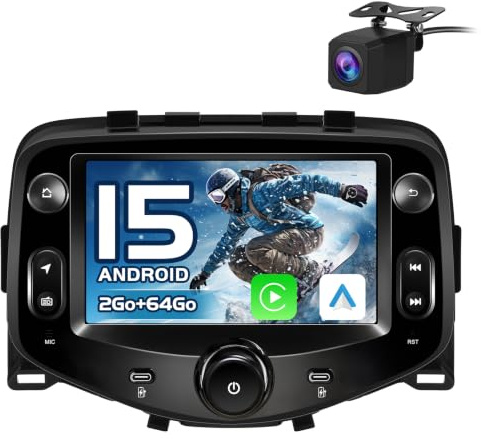 AWESAFE Autoradio Android 15 pour Toyota Aygo/Peugeot 108/ Citroën C1 (2015-2020), Écran 7 Pouces 2Go+64Go, CarPlay & Android Auto, GPS WiFi Bluetooth, Commandes au Volant, Caméra de Recul Incluse