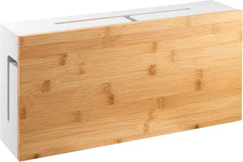 Kabelhanteringsbox med Magnetiskt Bambulock – Elegant Kabelbox för Kabelhantering - 41x20x11cm – För Grenuttag och Kablar – Väggmonterbar – Vit (Vit L)