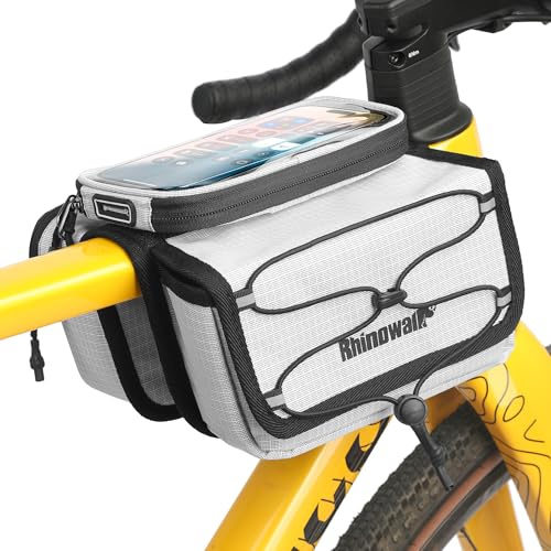 Rhinowalk Borsa per telaio anteriore della bicicletta, borsa per manubrio, tubo superiore del telaio, impermeabile, adatta per smartphone, accessori professionali da ciclismo - Bianco