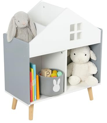Relaxdays Kinderregal Hausform, 6 Fächer, HxBxT: 65,7 x 60 x 30 cm, Spielzeugregal, Stauraum Kinderzimmer, weiß/grau