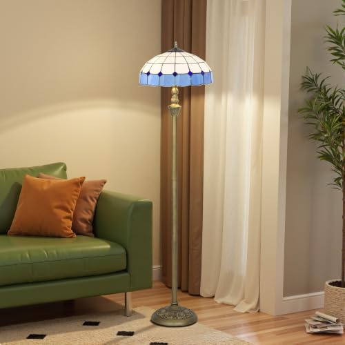 HOMCOM Tiffany-Style Floor Lamp Glass Shade 152cm Tall Bronze Tone/Blue | Handcrafted Stained Glass, Vintage Standing Lamp, Foot Switch, Dual Sockets, Living Room Bedroom