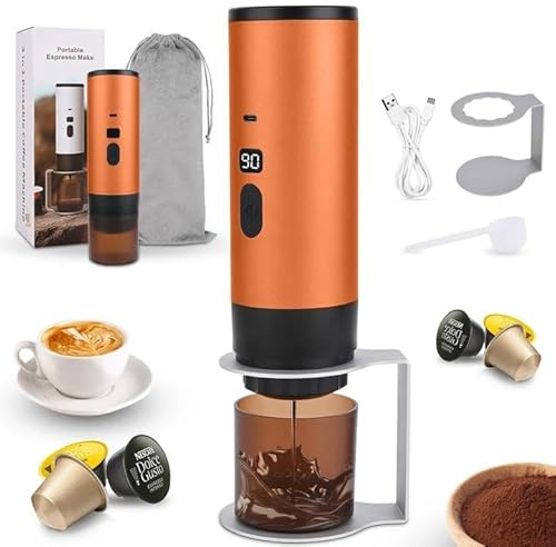 3 in 1 Caffettiera Portatile, Macchina da Caffè Espresso Capsules, Senza Fili & Auto-Riscaldante, 15 Bar, 90 ml, Può preparare 50 tazze di caffè, per Viaggi Campeggio Auto Ufficio (Arancione Vivace)