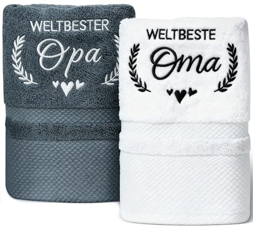 Giftota Geburtstagsgeschenk für Oma und Opa 2 teilig Handtuch Set 100% Baumwolle Bestickt Handtücher 35 x 75 cm