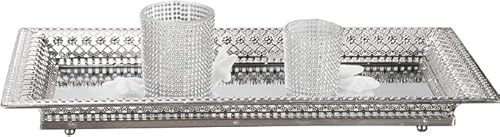 Vassoio Decorativo Rettangolare in Metallo Argentato con Specchio – Elegante Centrotavola, Porta Candele e Porta Profumi per Bagno e Soggiorno (Piccolo – 45×24 cm)