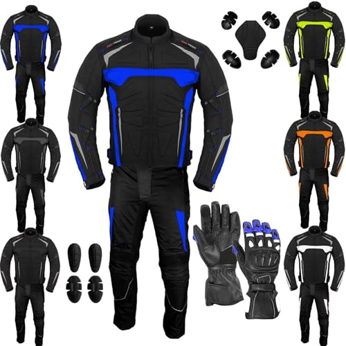 Men’s Waterproof Motorcycle Suit 600D Cordura Jacket & Trouser Set with gloves | CE Armoured Biker Gear with Liner & Ventilation (Blue, XS)