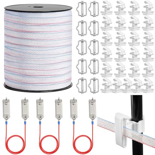 Kingdder 39 Pack Electric Fence Kit Include 3/4 Inch x 1312 ft Electric Fence Tape 25 T-Post Poly Tape Insulator 3 Connectors 10 Polytape Splicer for Livestock Deer Garden Protection Farm Enclosure